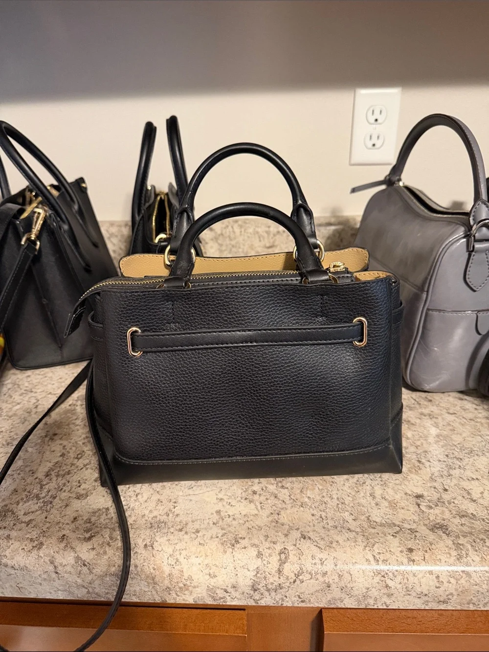 Michael Kors Black Pebbled Leather Satchel with Gold MK Accent